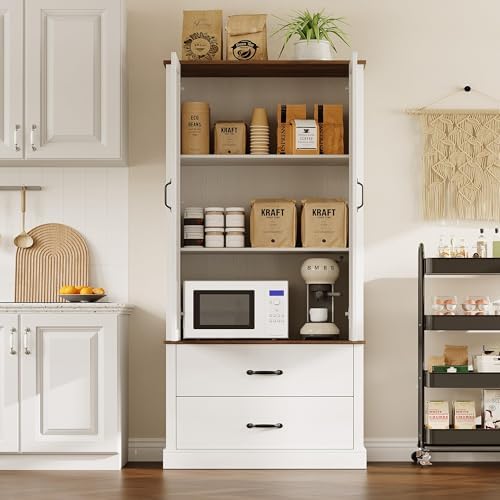GarveeHome Kitchen Pantry Cabinet, Farmhouse Storage Cabinet with Barn Doors, Drawers and Adjustable Shelves, Versatile Storage for Kitchen, Dining Room, Rustic White