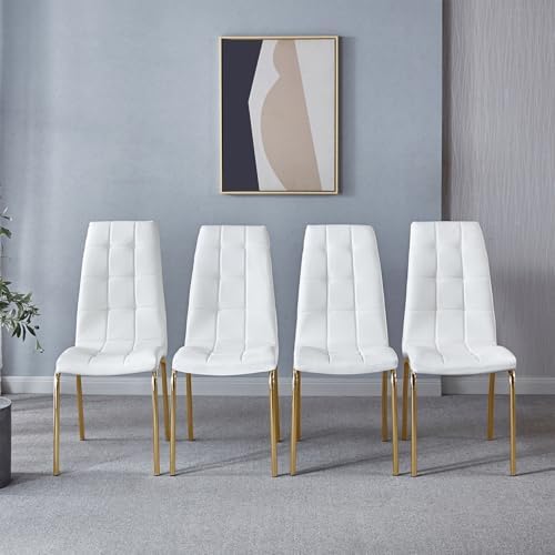 Faux Leather Dining Chairs - Set of 4, Modern White Dining Room Chairs with Gold Metal Legs and Ergonomic Backrest, Upholstered for Kitchen and Living Room
