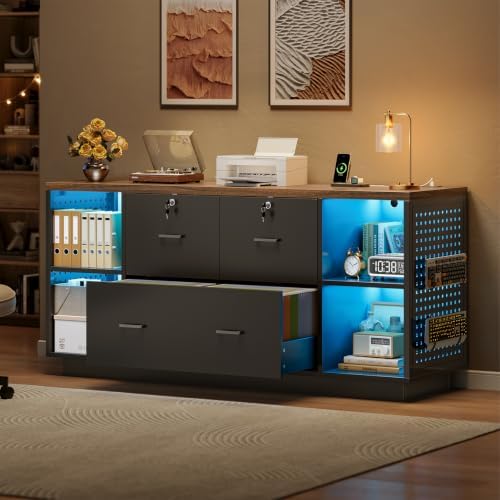SEDETA 55" File Cabinet with Lock, Large 3 Drawers Filing Cabinets for Home Office, Lockable Printer Stand with Storage, Power Strip, LED Light & Pegboard, Black + Brown
