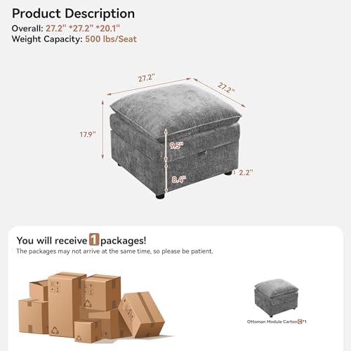 27" Large Square Ottoman with Storage, Modern Upholstered Footrest with Anti-Slip Legs for Couch Coffee Table Living Room, Bedroom, Entryway, Chenille Light Grey