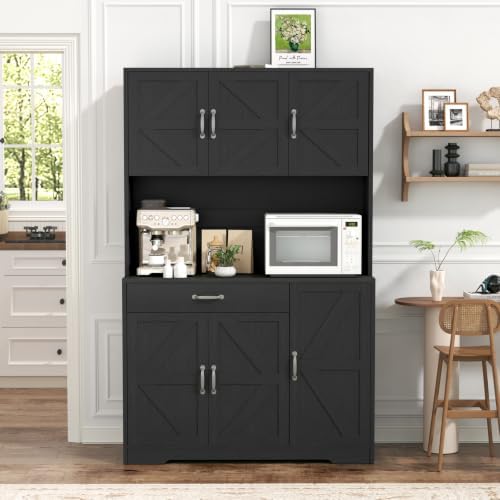 GRUSIGN 71" Pantry Cabinet with Charging Station, Large Capacity Kitchen Hutch Storage Cabinet, Kitchen Cabinet with Microwave Stand, Storage Drawers & Adjustable Shelves for Dining Room, Black