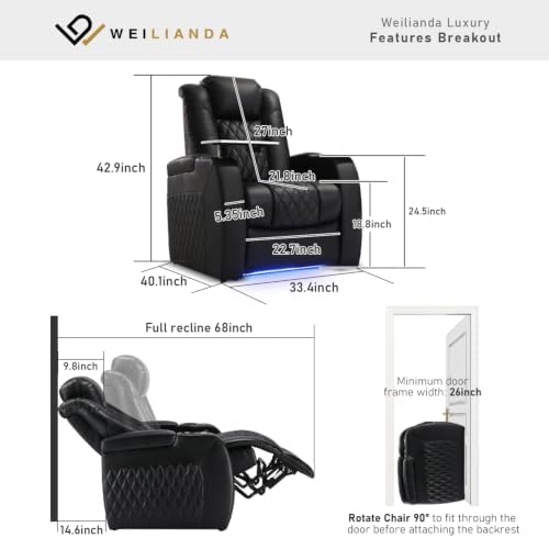 Weilianda Home Theater Seating, Top Grain Leather Movie Theater Chair | Black Row of 1, Zero Gravity, Power Headrest, Tray Table, Electric Reclining Seat for Media Room