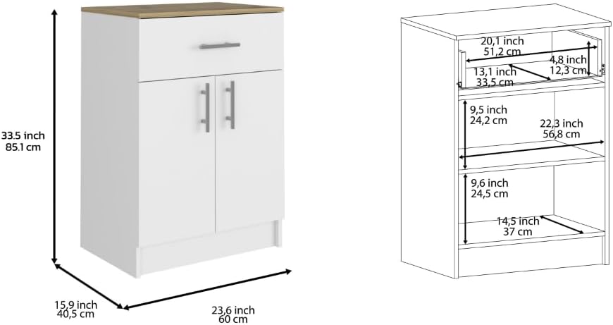 2 Piece Kitchen Set with Island and Pantry Cabinet, White/Light Oak | Includes interlocking mechanism for assembly without tools