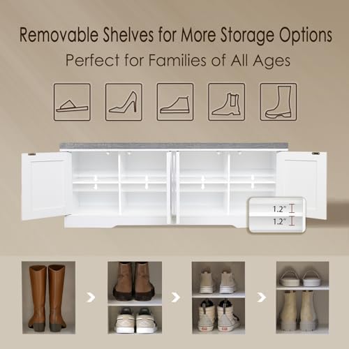DINZI LVJ Shoe Storage Bench with Cushion, Door, White 47.2" LX17.7 H | Entryway Bench, 2-Tier Cabinet Bench, Widened Cubby, Fully Adjustable Shelves for Boots, Easy Assembly, Farmhouse, Bedroom