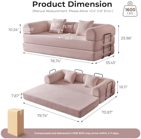79" Convertible Sofa Bed, Couches for Living Room | Pink | Corduroy Futon Sofa Bed with Pocket Springs, Modular Sleeper Couch in a Box, No Assembly