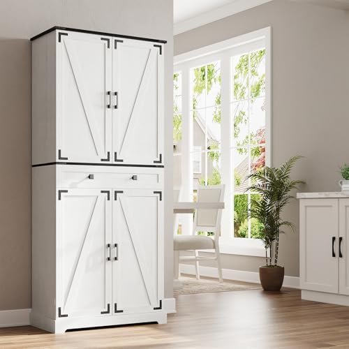 ELYKEN 72" Kitchen Pantry Storage Cabinet with Drawer, 3 Pull Out Shelves | 8 Door Shelves, Tall Pantry Cabinet Organizer, Farmhouse Kitchen Hutch, Pantry Storage Shelves, Dining Room, White