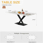 70in Faux Marble Dining Table for 6-8 Person, Modern White Kitchen Dining Room Table with Black X-Shape Carton Steel Pedestal Base, Large Rectangle Dinner Table for Kitchen Dining Room