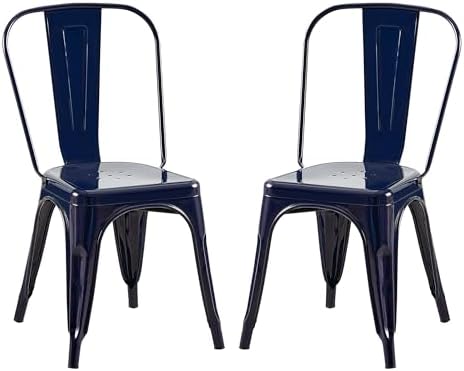 AC Pacific 18 Inch Seat Height Industrial Metal Dining Chairs, Stackable Kitchen or Bar Seat, Durable Modern Design, Versatile Accent Furniture, Set of 2, Dark Blue