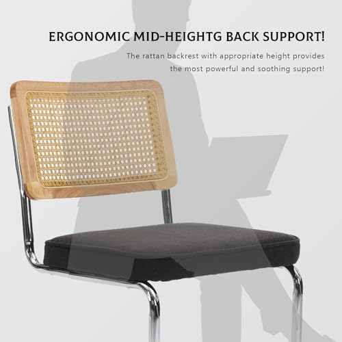 Rattan Dining Chairs Set of 4,Upholstered Mid-Century Modern Dining Room Chairs with Cane Backrest,Retro Linen Kitchen Chairs with Stainless Chrome Base,Black