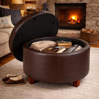 HomePop 24" Round Leatherette Storage Ottoman - Chocolate Brown