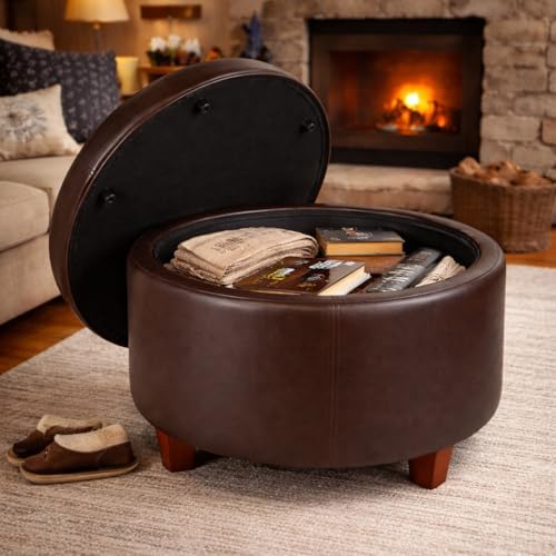 HomePop 24" Round Leatherette Storage Ottoman - Chocolate Brown
