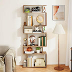 GIANTEX 6-Tier Geometric Bookshelves Set of 2, S-Shaped Bookcase with 2 Anti-Tipping Kits, Wooden Display Shelf, Decorative Storage Shelving Unit, Home Storage Organizer for Living Room, Natural