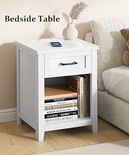 Decofy Farmhouse Nightstand with Charging Station & Large Storage, Set of 2 Modern End Tables with Outlets, USB Ports and Type-C Ports, Easy Assembly for Bedroom (Pure White)