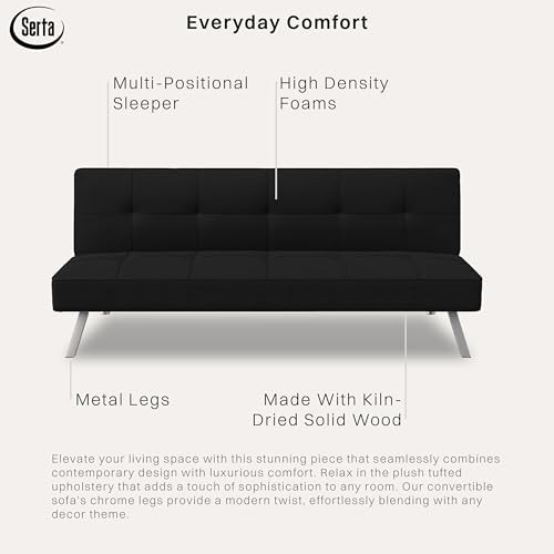 Serta® Rane Futon Sofa Bed 66.1", 3-in-1 Convertible Couch Sleeper for Small Spaces, Tufted Back, Twin Size Guest Bed, Black Woven Fabric