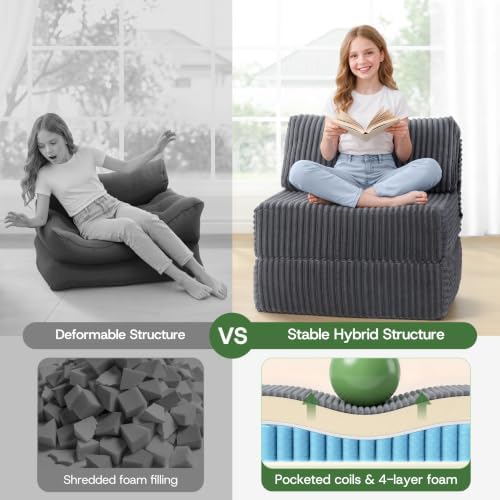 Convertible 4-in-1 Folding Sofa Bed Sleeper Chair Couch Foldable Chaise Lounger & Mattress Pocket Coils+Foam Fill Medium Support, No Assembly for Living Room/Bedroom, Single
