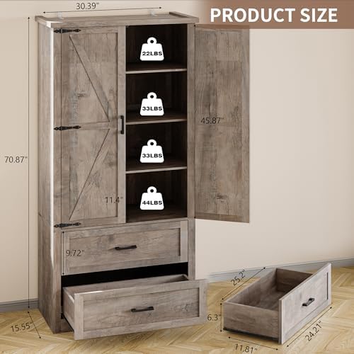 BORNOON Pantry Organizers and Storage Cabinet, 71” Barn Door White Kitchen Cabinet with Drawers and Adjustable Shelf, Tall Pantry for Kitchen, Dining Room, Living Room. Bathroom and Office