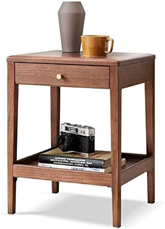 Telephone Table, Side Table with Drawer,Solid Wood Nightstand,Sofa Telephone Tables,Small Living Room Coffee Table,Double-Layer Storage,Walnut Color(