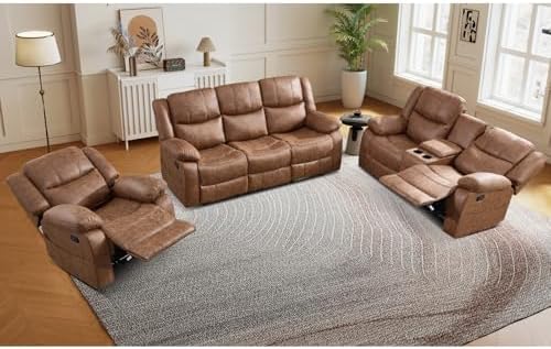 EBELLO 3 Pieces Faux Leather Recliner Sofa Furniture Set, Includes a Manual Reclining 1 Seat Chair, a Loveseat and a 3 Seat Couch, with Cup Holders and Storage for Living Room, Brown