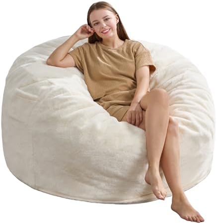 Hobestluk Adult Bean Bag Chair 4FT Large Lounger with Plush Cover, White | Memory Foam Filled, Removable and Washable Cover, Portable Handle, Relaxing, Reading, Large, Skin-Friendly Plush Faux Fur