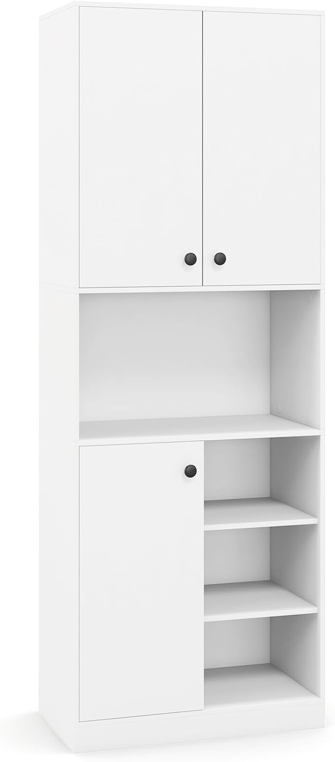 TANGZON Tall Kitchen Cupboard, 3-door Storage Cabinet with Countertop, Open Shelves & Anti-tipping Device, Freestanding Pantry Cupboard Kitchen Units for Dining Room Living Room, White