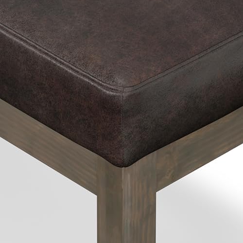 SIMPLIHOME Milltown 27" Wide Vegan Leather Ottoman in Distressed Brown | Contemporary ottoman with a cushioned seat for bedroom seating; rectangle footstool, footrest or bench.