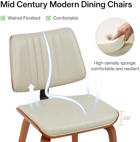 Dining Chairs Set of 4, Mid Century Modern Dining Walnut Chairs,Beige | Faux Leather Dining Chair with Upholstery and Bentwood Open Backrest, Armless Dining Room Sets for Kitchen,Study Room