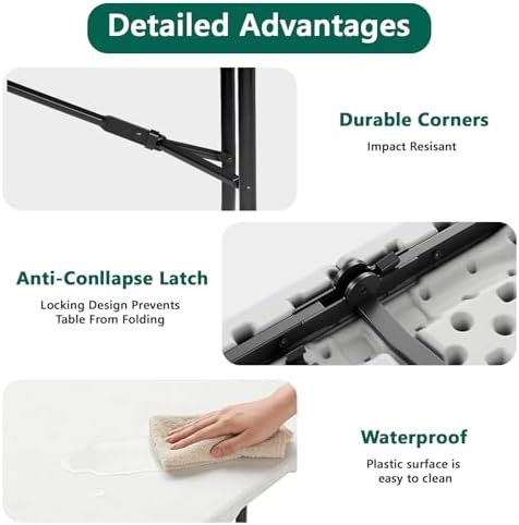 Folding Table 1 Pack, 6FT Folding Table Portable with Built-in Handle, Heavy Duty Plastic Table with Steel Legs Supports to 300lbs, Suitable for Party, Camping, Events Indoor&Outdoor Use, White