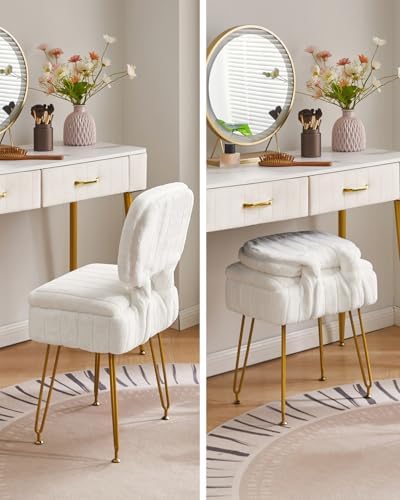 IBUYKE Vanity Stool with Storage, Folding Back Makeup Chair, White WBD030W | Rectangular Small 15.75" x 11.81" x 29.13" Velvet Cute Ottoman Stool Living Room Anti-Slip Feet