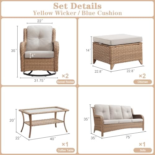 Belord 6 Piece Wicker Patio Furniture Set, Outdoor Swivel Rocker Chairs Set of 2 with Ottomans and 3 Seater Sofa, All Weather Patio Conversation Furniture Set, for Pool,Yard Yellow Wicker/Beige