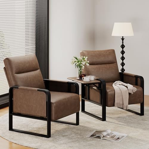 Upholstered Living Room Chair Armchair Set of 2, Mid Century Faux Leather Metal Accent Chair, Reception Couch Office Guest Chair Slipper Club Lounge Single Sofa with Sidetable for Bedroom-Brown