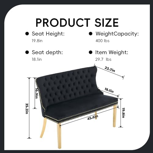 Velvet Double Dining Loveseat Bench with Wing Back, Tufted Upholstered 2-Seat Design,Golden Stainless Steel Legs, Modern Mid-Century Accent Seating for Dining Room, Kitchen, or Entryway (Black)