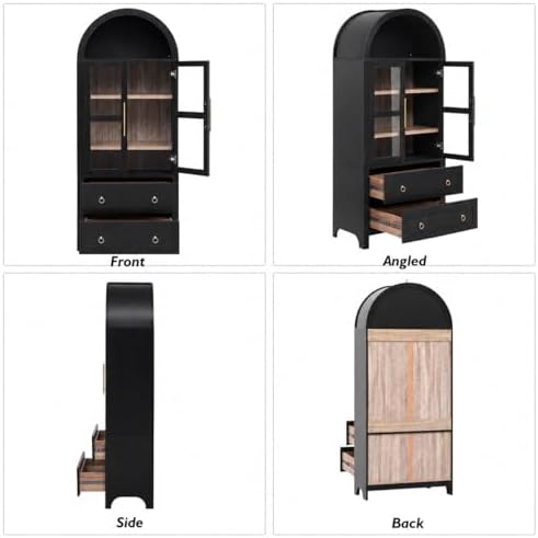 71" Tall Arched Kitchen Pantry Cabinet with Glass Doors, Modern Wood China Cabinet Storage Hutch with 2 Storage Compartment and Adjustable Shelves, Suitable for Dining Room, Coffee Bar