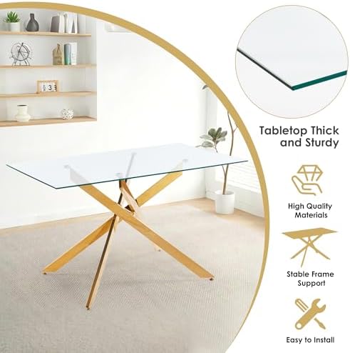 5-Piece Dining Table Set for 4, Modern Rectangular Glass Table with 4 Upholstered Leather Chairs, Space-Saving Dining Room Furniture Table & Chair Sets for Small Spaces & Apartment(White&Gold)