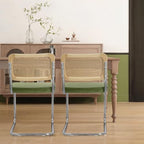 Rattan Dining Chairs Set of 2,Mid Century Modern Cane Back Chairs with Velvet Thickened Cushion, Solid Wood Back and Metal Legs for Dining Room/Kitchen/Living Room,Green
