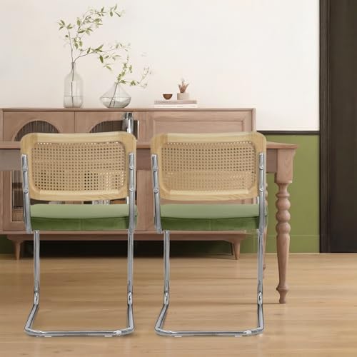 Rattan Dining Chairs Set of 2,Mid Century Modern Cane Back Chairs with Velvet Thickened Cushion, Solid Wood Back and Metal Legs for Dining Room/Kitchen/Living Room,Green