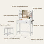 Vanity Desk with LED Mirror, 3 Lighting Modes and Chair | Small Makeup Vanity Table Set with Drawers, Dressing Table with Power Outlet for Girls Bedroom, White