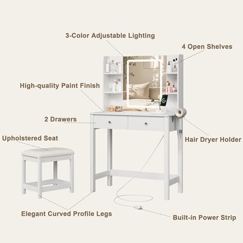 Vanity Desk with LED Mirror, 3 Lighting Modes and Chair | Small Makeup Vanity Table Set with Drawers, Dressing Table with Power Outlet for Girls Bedroom, White