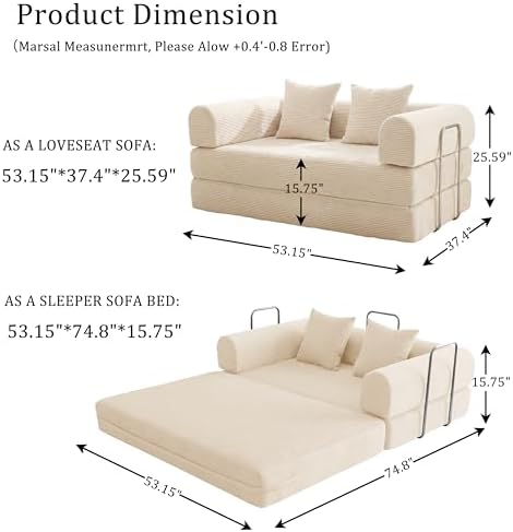 Futon Sofa Bed Modular Loveseat Sleeper Folding Pull Out Couch with Pillows, No Assembly Required Couch for Living Room Bedroom Guest Room (Beige, 53.15" Loveseat Sofa)