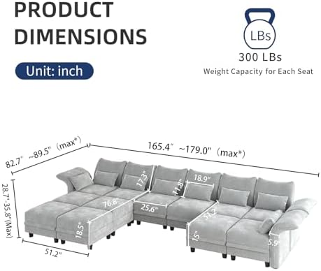 LLappuil 179" Oversized Modular Sectional Sofa with Storage Seat 12 Piece Large Sectional Couches for Living Room with Adjustable Arms Backs, Convert to U/L/Sleeper Sofa, Grey Chenille