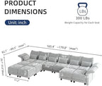 LLappuil 179" Oversized Modular Sectional Sofa with Storage Seat 12 Piece Large Sectional Couches for Living Room with Adjustable Arms Backs, Convert to U/L/Sleeper Sofa, Grey Chenille