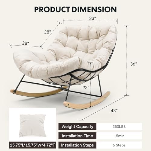 FLEXISPOT Oversized Outdoor Rocking Chair with Thick Cushion, Beige | Thick Cushioned Seat, Bonus Pillow, Modern Patio Papasan Rocker, Metal Frame Wood Base, For Porch Balcony Living Room