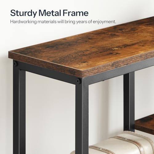 HOOBRO Narrow Console Table, Sofa Table, 4-Tier Industrial Entryway Table with Metal Mesh Shelf, Hallway Table with Adjustable Feet, for Entryway, Living Room, Hallway, Rustic Brown and Black BF79XG01