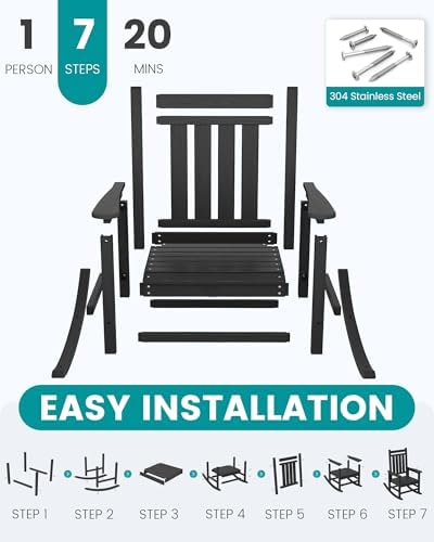 SERWALL Outdoor Rocking Chair Set of 4, HDPE Rocker for Adults, Black | 21.1" Widened Seat adds Extra Comfort, Oversized Rocking Chair for Adults, All Weather Porch Rocker for Lawn Garden