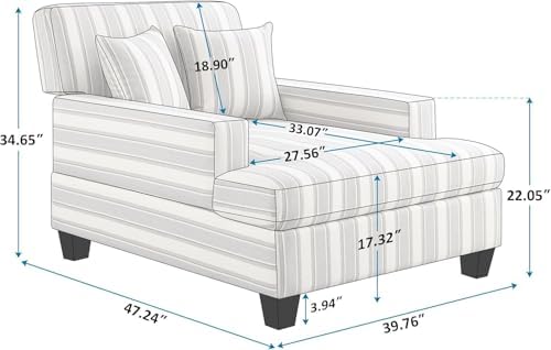 VANOMi 47" Chaise Lounge Chair, Adjustable Backrest, Navy Stripe Chenille | Recliner Sleeper Sofa with Pillows, Oversized Upholstered Single Sofa Bed, Lounge Chair for Living Room, Bedroom, Office