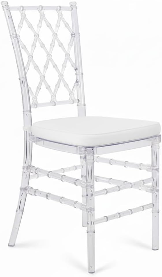 FOHFurniture Set of 3 Clear Acrylic Chiavari Chairs with Cushions, Fully Assembled Transparent Crystal Dining Chair, Accent Event Ghost Chairs for Wedding Event Reception (Clear(Grid))