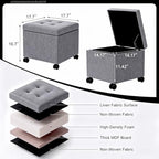 Homebeez 18" Square Storage Ottoman with Wheels, Tufted Linen Cube | Rolling Ottoman with Storage, Coffee Table Ottoman for Couch, Modern Footrest for Living Room Bedroom, Grey