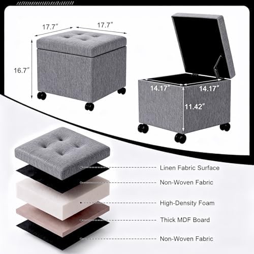 Homebeez 18" Square Storage Ottoman with Wheels, Tufted Linen Cube | Rolling Ottoman with Storage, Coffee Table Ottoman for Couch, Modern Footrest for Living Room Bedroom, Grey