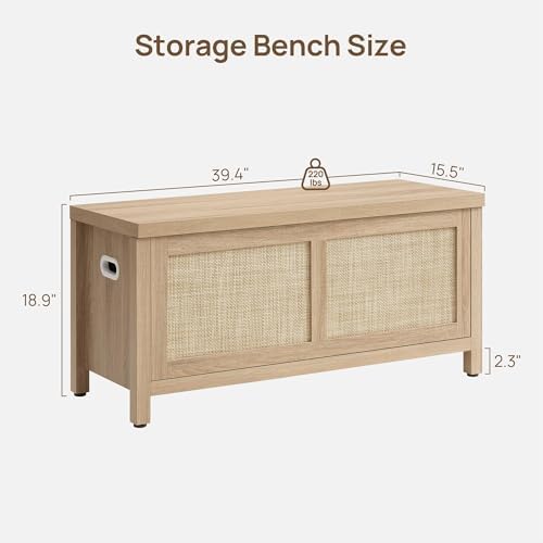 SICOTAS Rattan Storage Chest 39.4" Storage Bench for Bedroom | Modern Boho Storage Truck with 2 Safety Hinges and Flip Top for Living Room Entryway, Supports 220 lb, Light Oak
