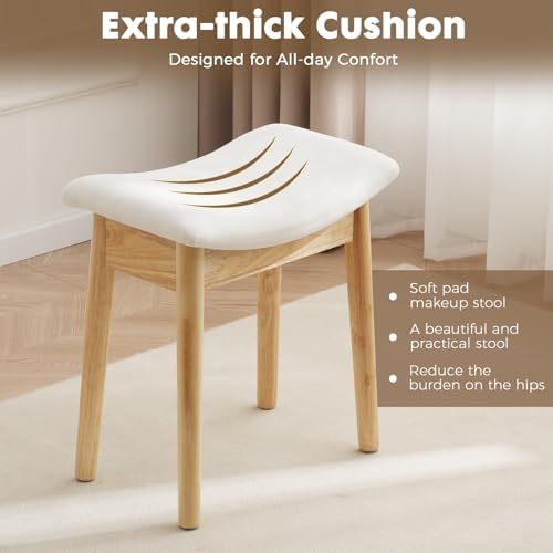 18" Small Vanity Chair Ottoman Bench Saddle Cushion Linen Beige | Soft Saddle Linen Stool, Footrest, Ottoman, Compact for Bedrooms, Living Rooms. Sturdy Esay Assembly(Classic-Beige)