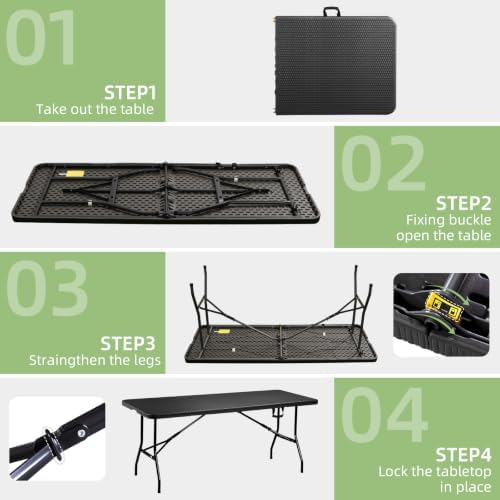 6FT Folding Table Portable Picnic Table Heavy-Duty Fold-in-Half Utility 6 Foot Foldtable Table with Carry Handle for Outdoor Indoor Party, Dining, Wedding, Camping, Black Ratten